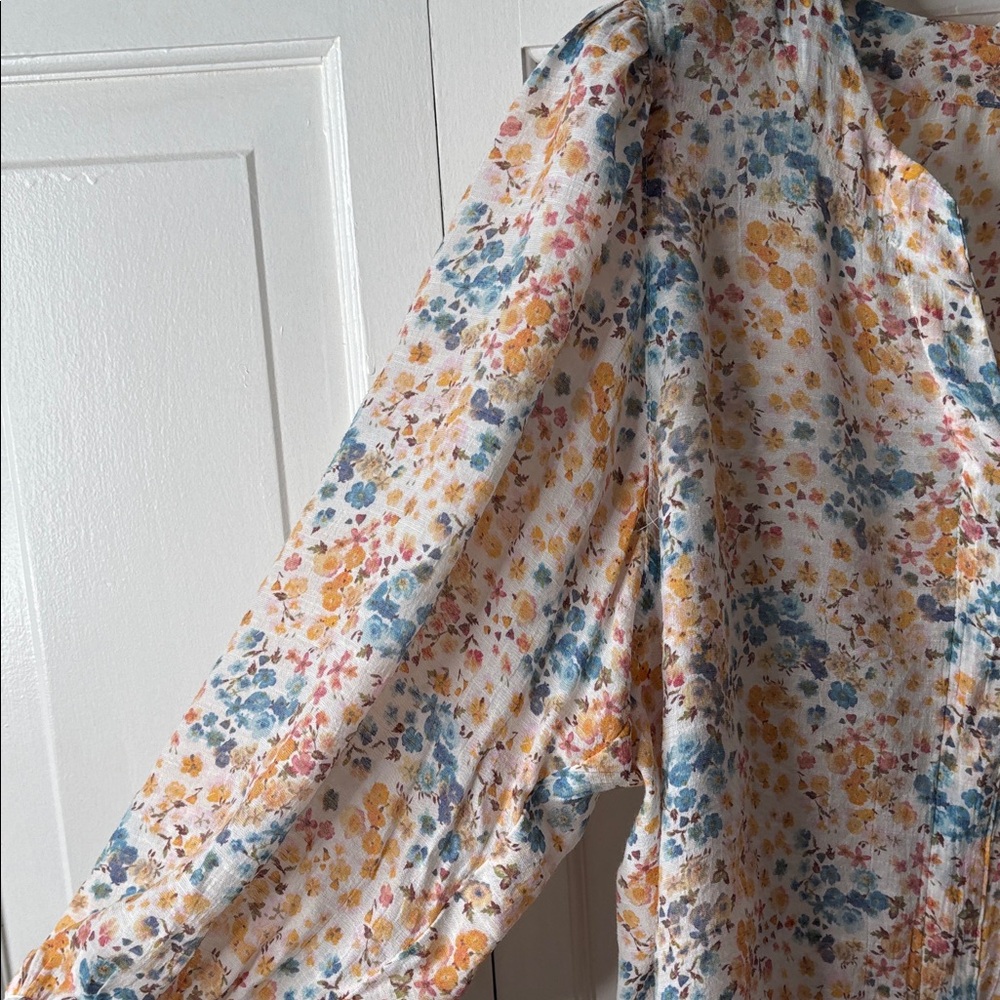 a.n.a Floral V-Neck Blouse - Cream with Blue & Mustard - Picture 6 of 9